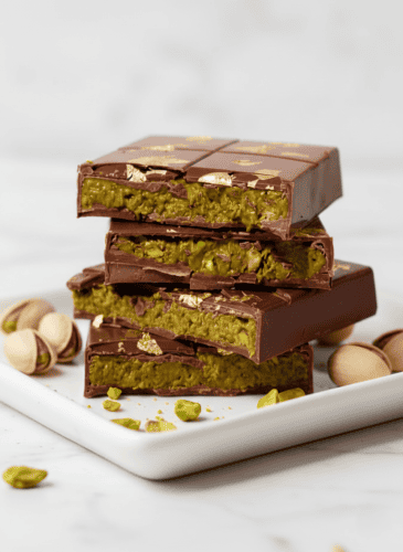 Dubai Chocolate Bar Recipe Homemade Dubai chocolate bars filled with crunchy pistachio cream, showing the vibrant green filling and glossy chocolate shell.