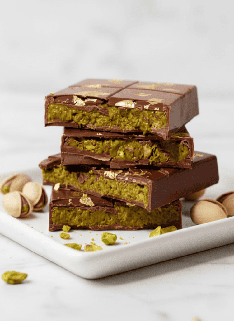 Homemade Dubai chocolate bars filled with crunchy pistachio cream, showing the vibrant green filling and glossy chocolate shell.