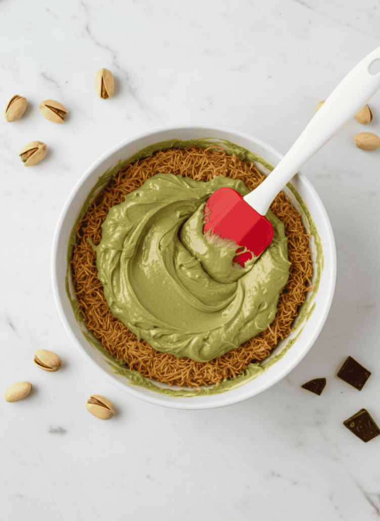 Mixing pistachio cream with toasted kataifi to create the crunchy filling for homemade Dubai chocolate bars.