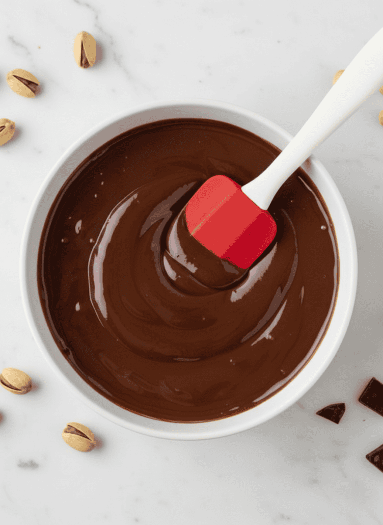 Bowl of melted chocolate being stirred with a spatula for coating the homemade Dubai chocolate bars.