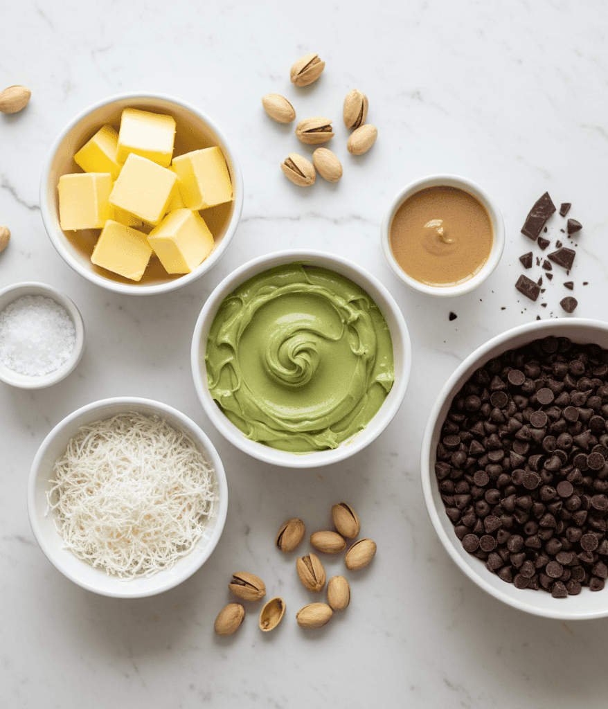 Ingredients for homemade Dubai chocolate bars, including pistachio cream, kataifi, butter, chocolate, tahini, salt, and pistachios arranged on a marble surface.