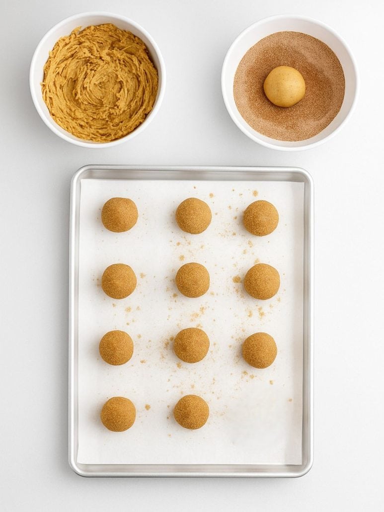 Gingersnap cookie dough balls rolled in cinnamon sugar and arranged on a parchment-lined baking sheet, ready to bake.