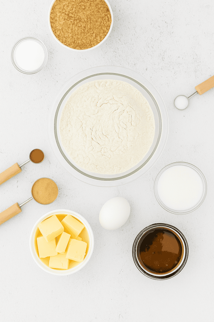 Flat lay of ingredients for homemade gingersnap cookies, including flour, butter, molasses, egg, sugar, and spices.