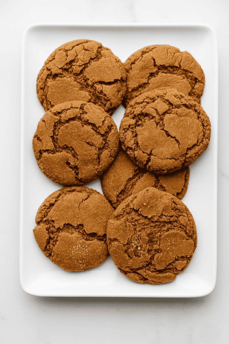 Soft and chewy gingersnap cookies with crackled tops arranged on a white rectangular plate – the perfect homemade holiday treat.