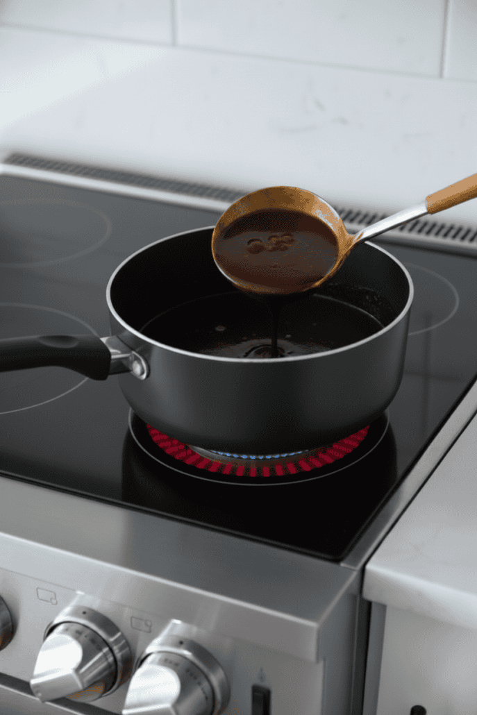 Homemade honey glaze simmering in a saucepan on the stove, prepared for brushing over the baked ham.