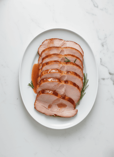 Easy Baked Honey Glazed Ham for Holidays Sliced honey-glazed ham served on a white platter with rosemary, showcasing the caramelized finish.