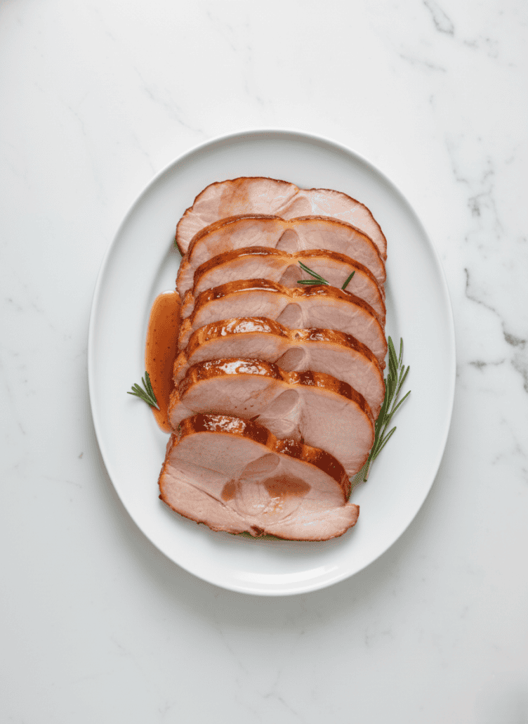 Sliced honey-glazed ham served on a white platter with rosemary, showcasing the caramelized finish.