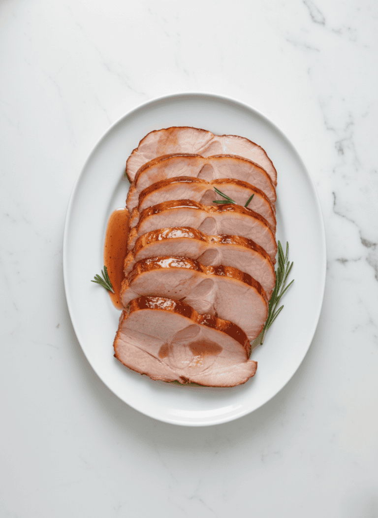 Sliced honey-glazed ham served on a white platter with rosemary, showcasing the caramelized finish.