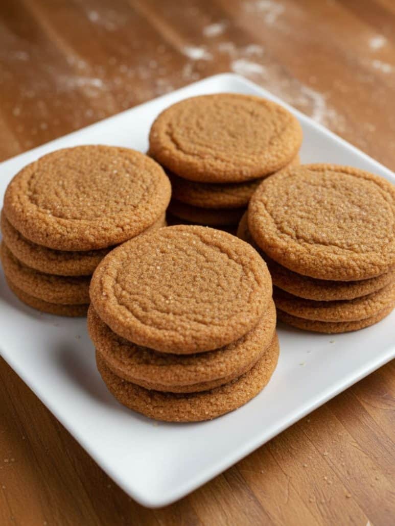 Plate of soft and chewy molasses cookies with crackly tops, perfect for holiday baking or gifting.