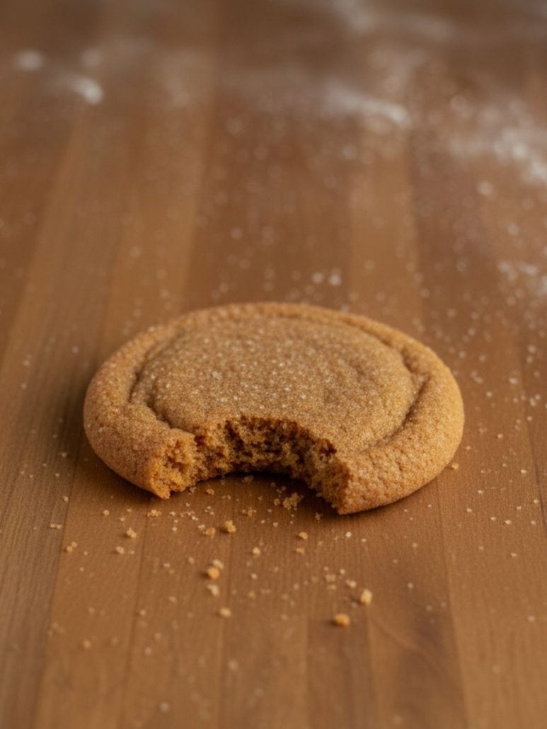 Close-up of a soft molasses cookie with a bite taken out, showing its chewy texture and rich, spiced center.