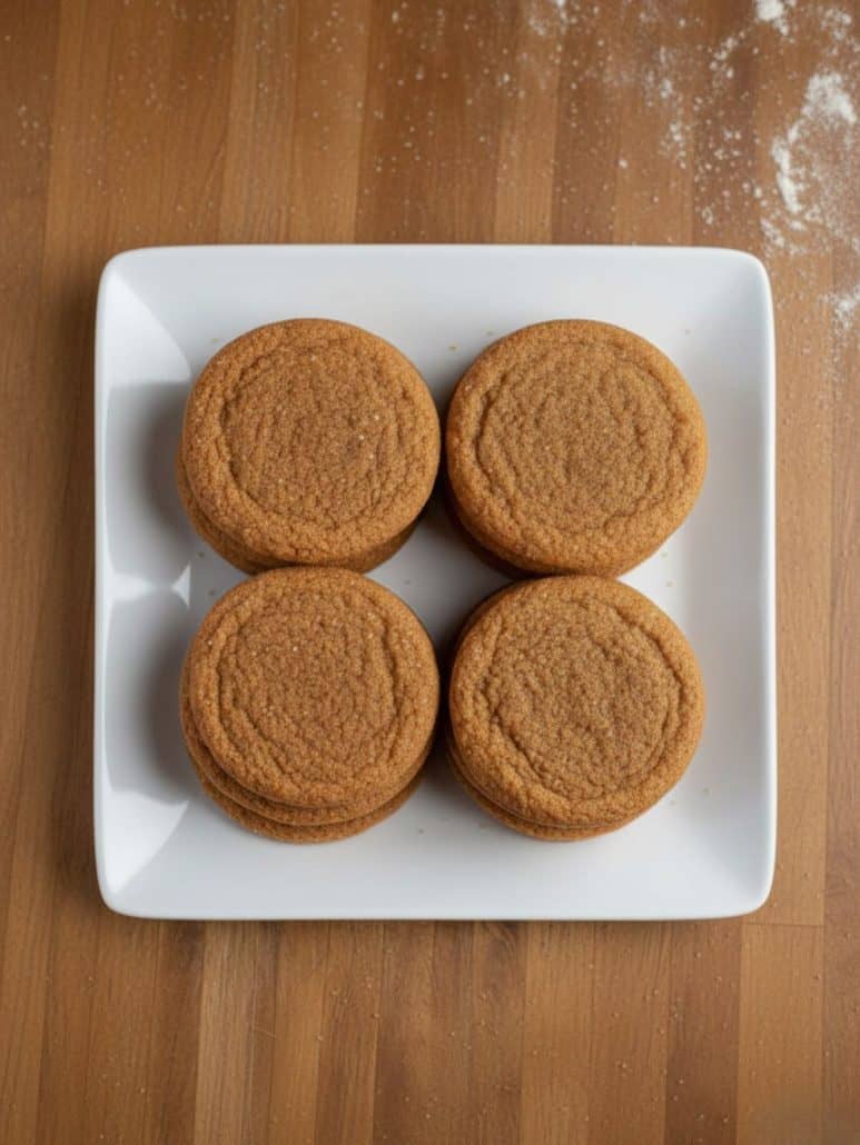 Neatly stacked soft molasses cookies on a white plate, perfect for gifting or adding to a holiday cookie tray.