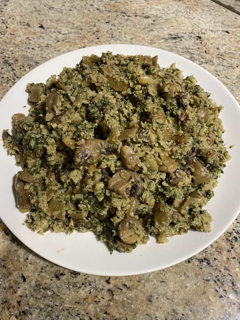 Plate of Mustard Greens with Mushrooms and Cauliflower Rice.