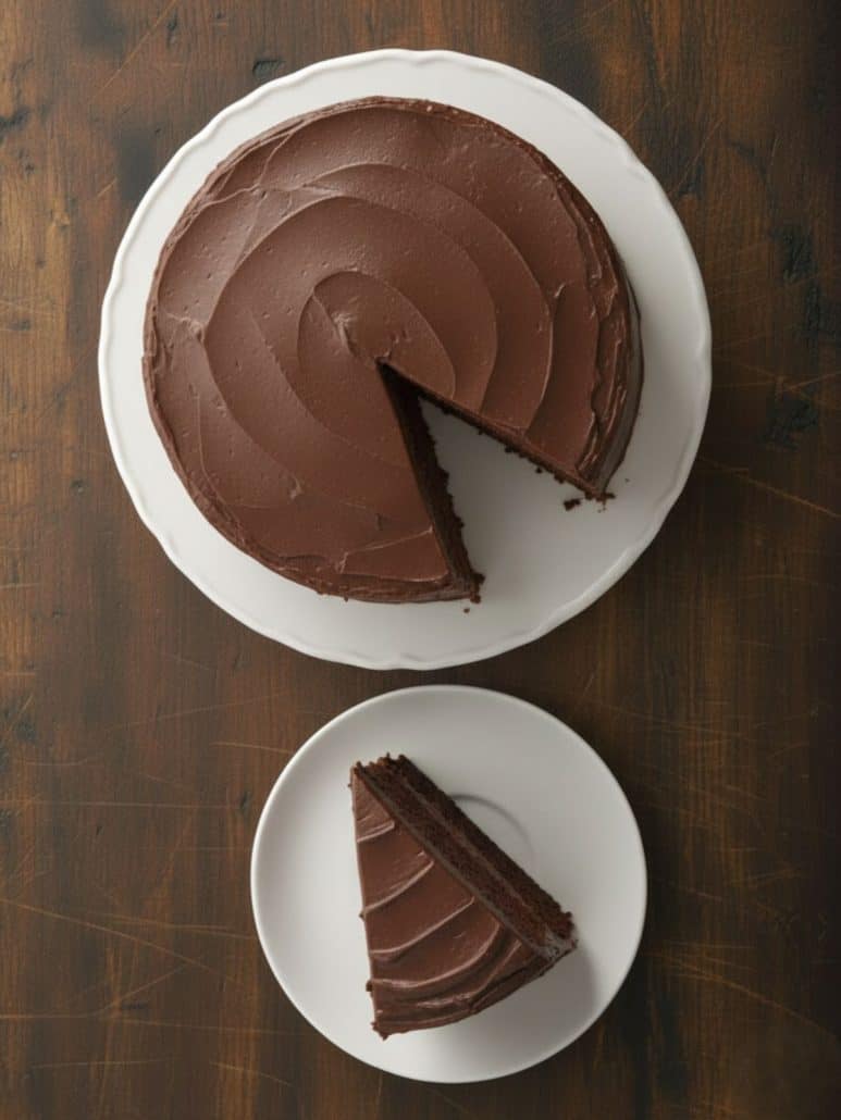 Frosted one bowl chocolate cake with a slice cut and served, showcasing the finished dessert from the easy homemade cake recipe.