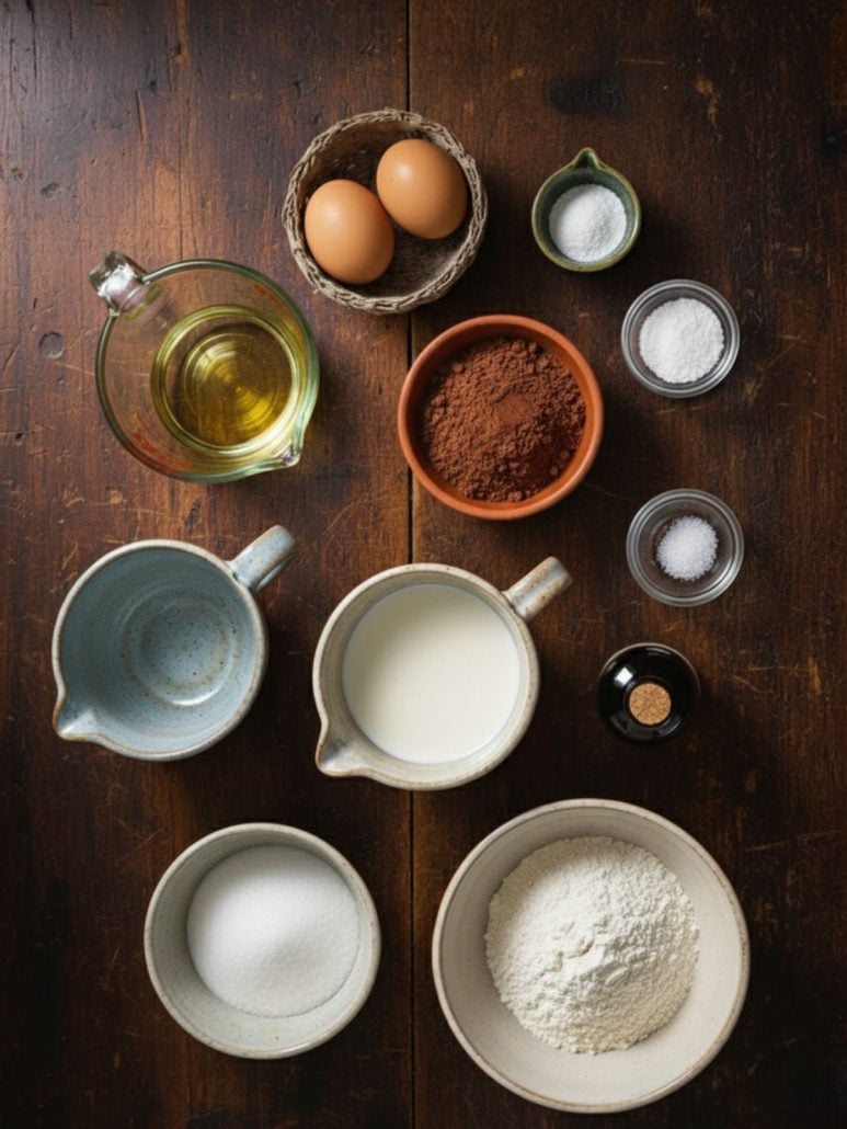 Ingredients for one bowl chocolate cake laid out on a wooden table.