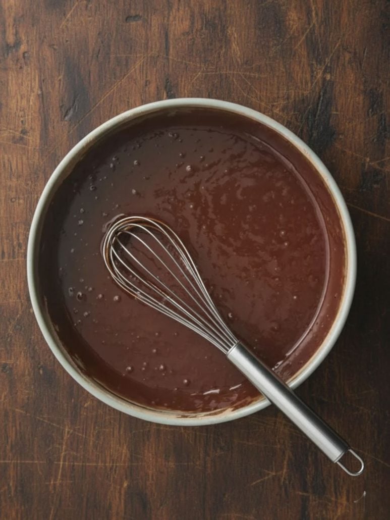 Thin chocolate cake batter mixed in one bowl with a whisk, showing the simple prep step in this easy one bowl chocolate cake recipe.