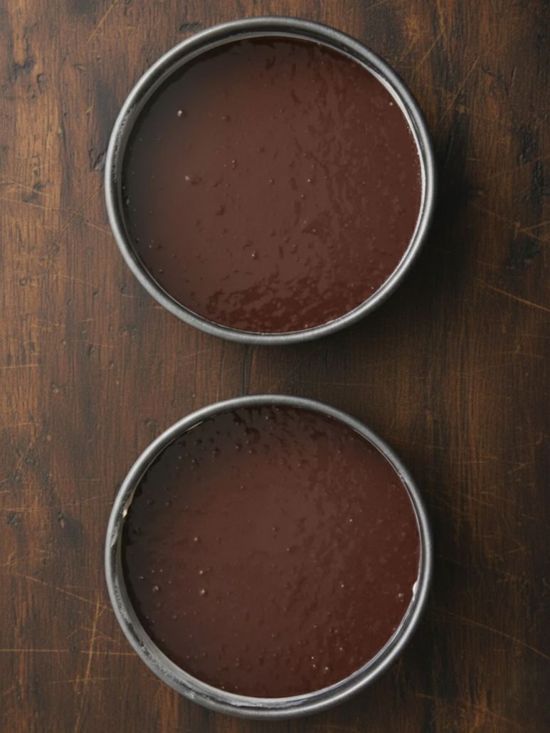 Two round cake pans filled with chocolate batter, ready to bake.