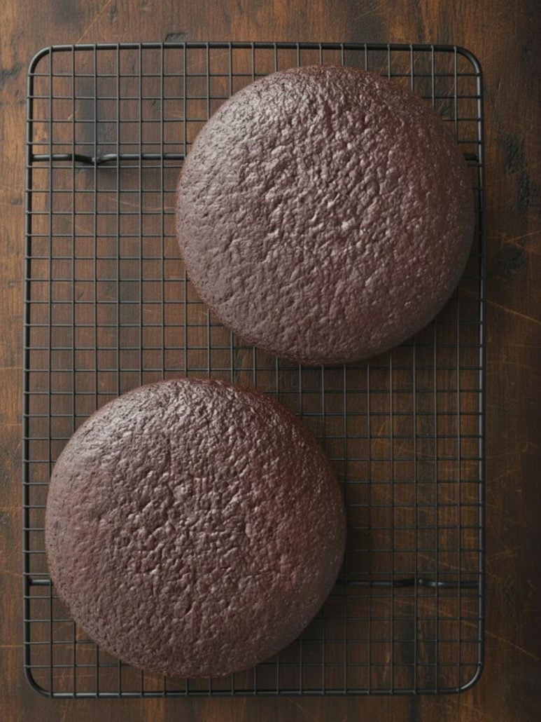 Two baked chocolate cake layers cooling on a wire rack, a key step in the one bowl chocolate cake recipe before adding frosting.