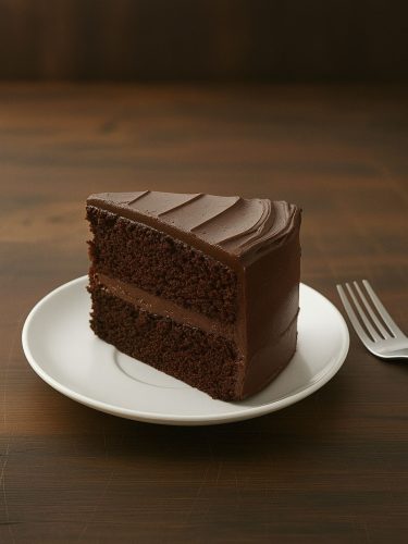 Slice of rich, moist one bowl chocolate cake with chocolate chip frosting, served on a white plate.
