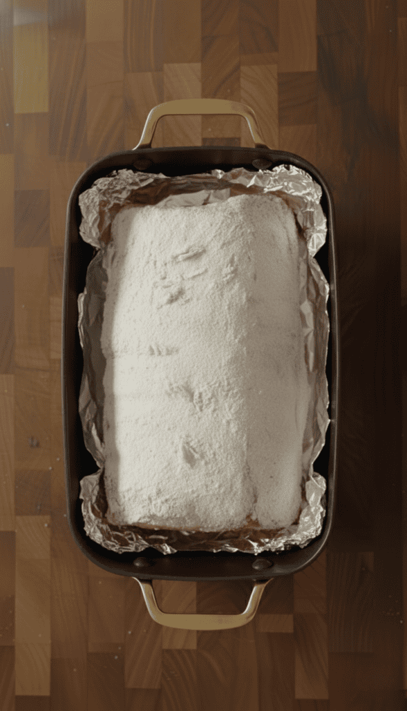 Seasoned prime rib roast coated in flour rub and placed in a foil-lined roasting pan—ready to go in the oven.