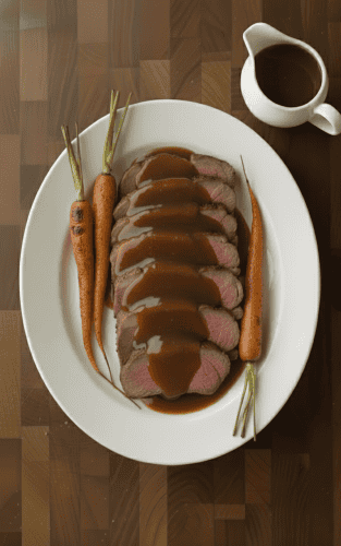 Tender & Juicy Prime Rib Roast Recipe Sliced prime rib roast topped with brown gravy, served with whole roasted carrots on a white platter.