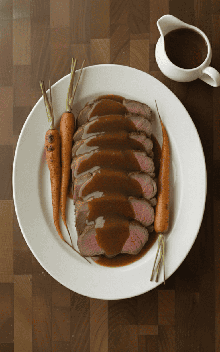 Sliced prime rib roast topped with brown gravy, served with whole roasted carrots on a white platter.