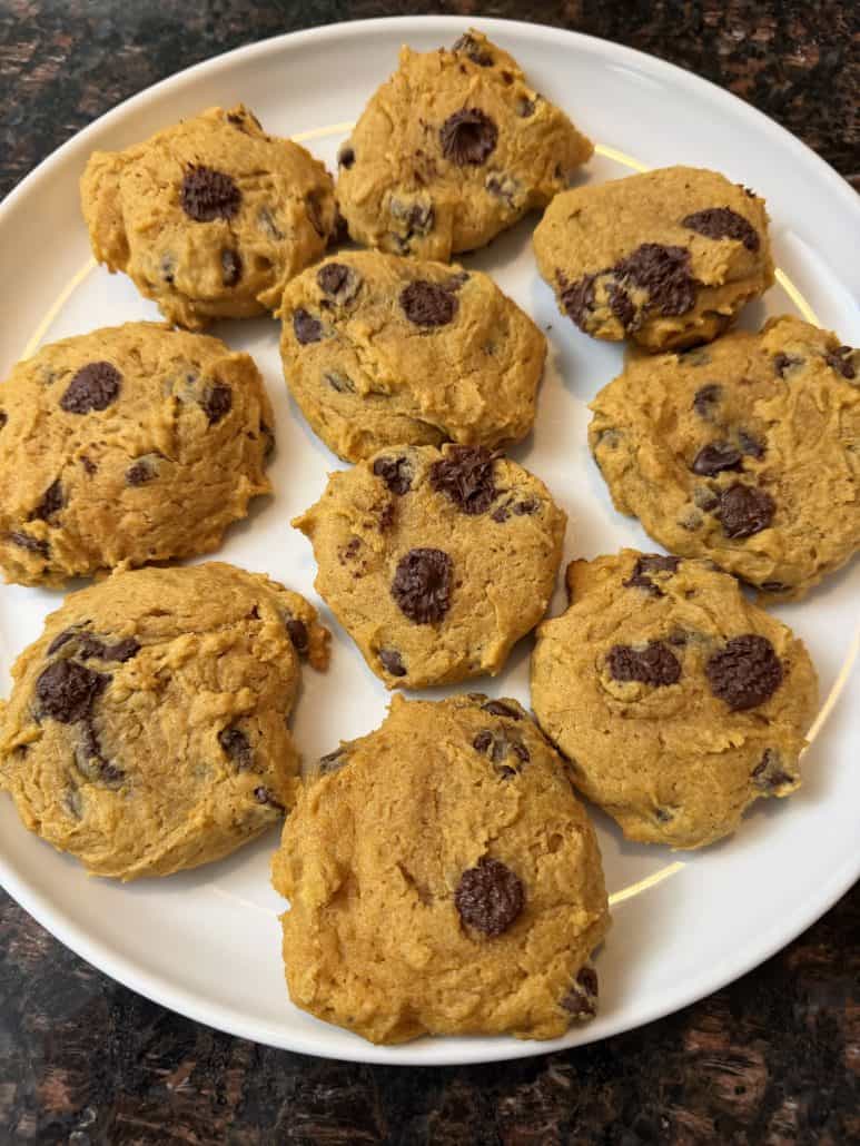 Plate of freshly baked pumpkin chocolate chip cookies โ soft, fluffy, and packed with melty chocolate chips.