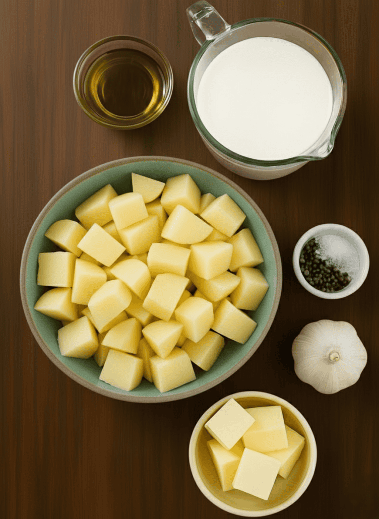 Ingredients for roasted garlic mashed potatoes arranged on a table, including peeled and cubed potatoes, milk, butter, garlic, olive oil, and black pepper.