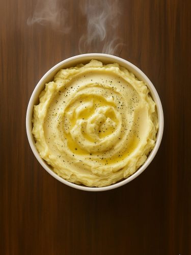 A bowl of creamy roasted garlic mashed potatoes, swirled with butter and black pepper—perfect for a cozy homemade side dish.