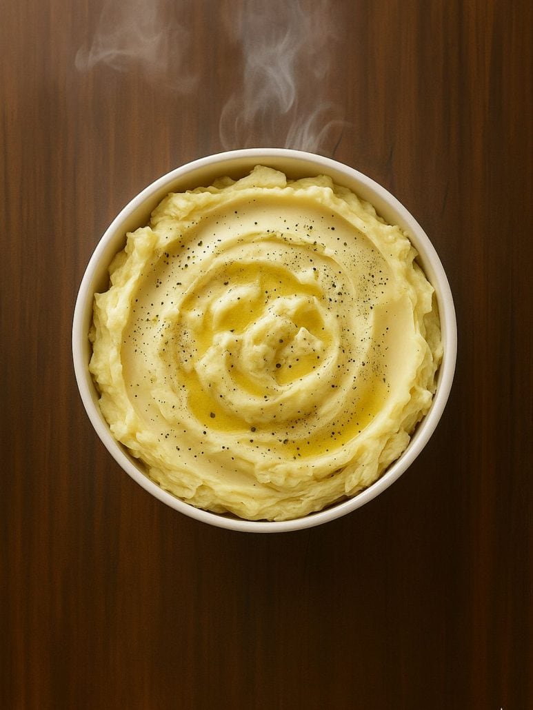 A bowl of creamy roasted garlic mashed potatoes, swirled with butter and black pepper—perfect for a cozy homemade side dish.