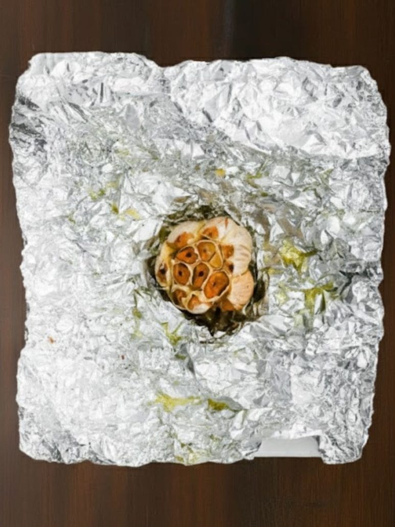 Freshly roasted garlic head resting on crinkled aluminum foil.