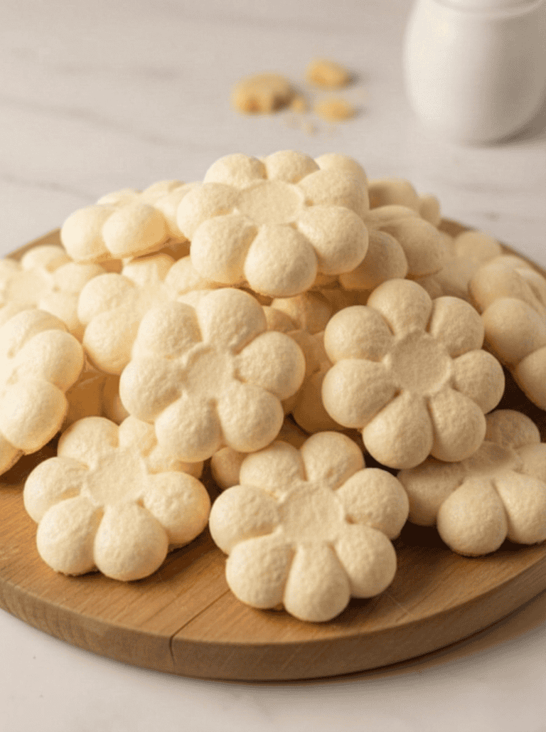 Shortbread flower-shaped cookies arranged on a wooden plate, freshly baked.