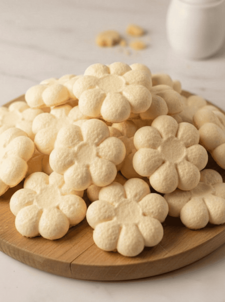 Shortbread flower-shaped cookies arranged on a wooden plate, freshly baked.