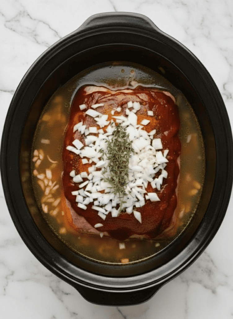 Pork shoulder roast in a slow cooker with barbecue sauce, chopped onions, garlic, and thyme, ready to cook for the Texas pulled pork recipe.