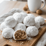 A plate of powdered sugar-coated snowball cookies with chopped pecans inside, displayed on a wooden board.