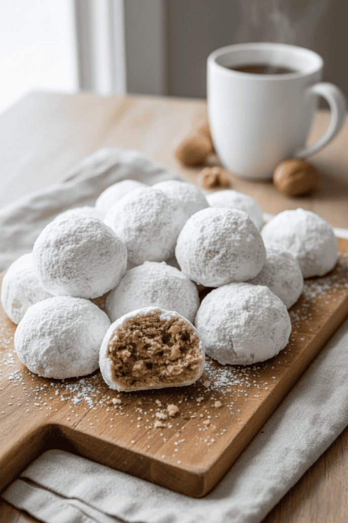 A plate of powdered sugar-coated snowball cookies with chopped pecans inside, displayed on a wooden board.