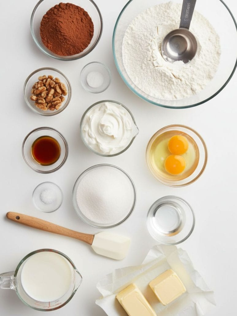 Ingredients for making Texas Sheet Cake are laid out, including flour, eggs, cocoa powder, butter, milk, sour cream, sugar, vanilla, and other baking essentials.