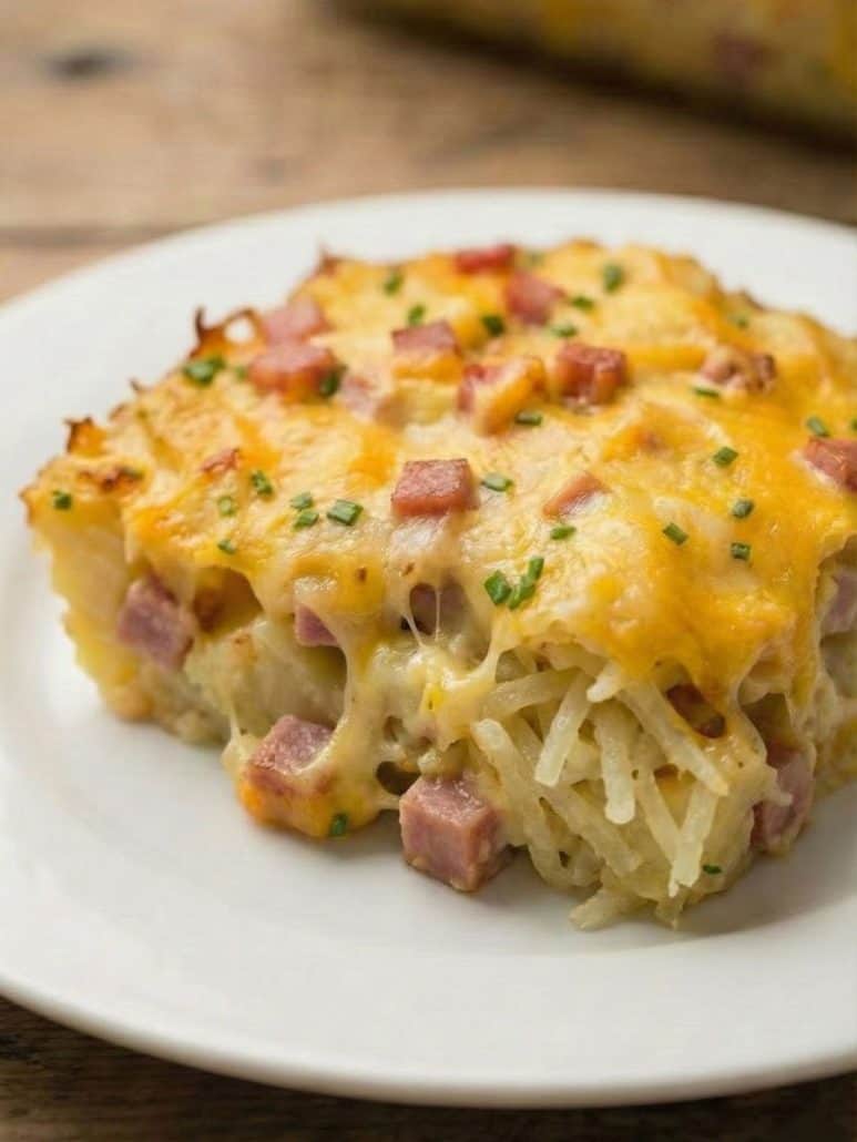 Cheesy ham and hash brown casserole served on a white plate, showing melted cheese and diced ham on top.