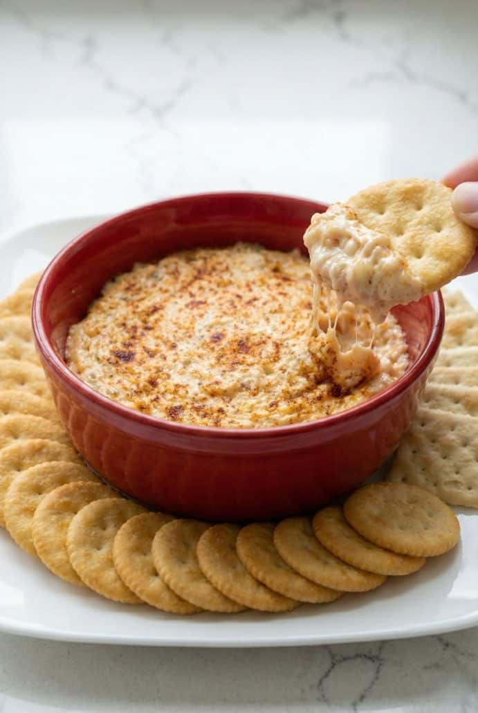 Creamy hot crab dip served with crackers, with melted cheese stretching as a cracker is dipped into the dish.