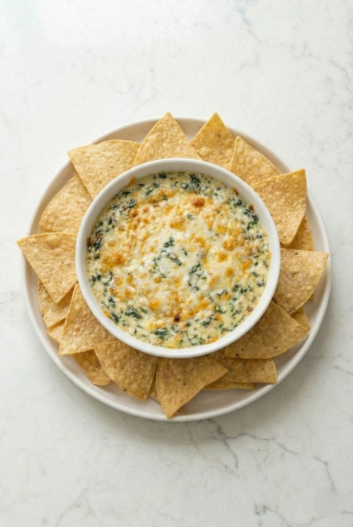 Baked jalapeรฑo popper dip served with tortilla chips. The perfect creamy, cheesy party appetizer.