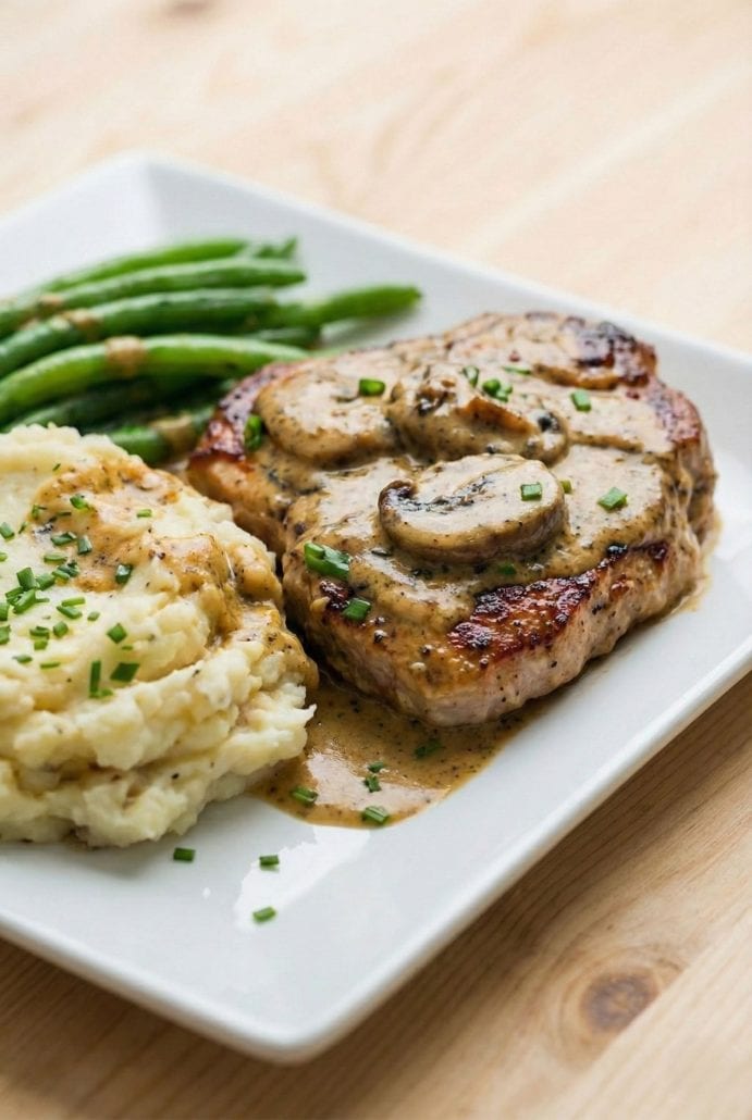 Creamy mushroom pork chop plated with mashed potatoes and green beans, as featured in the Mushroom Pork Chops dinner recipe.