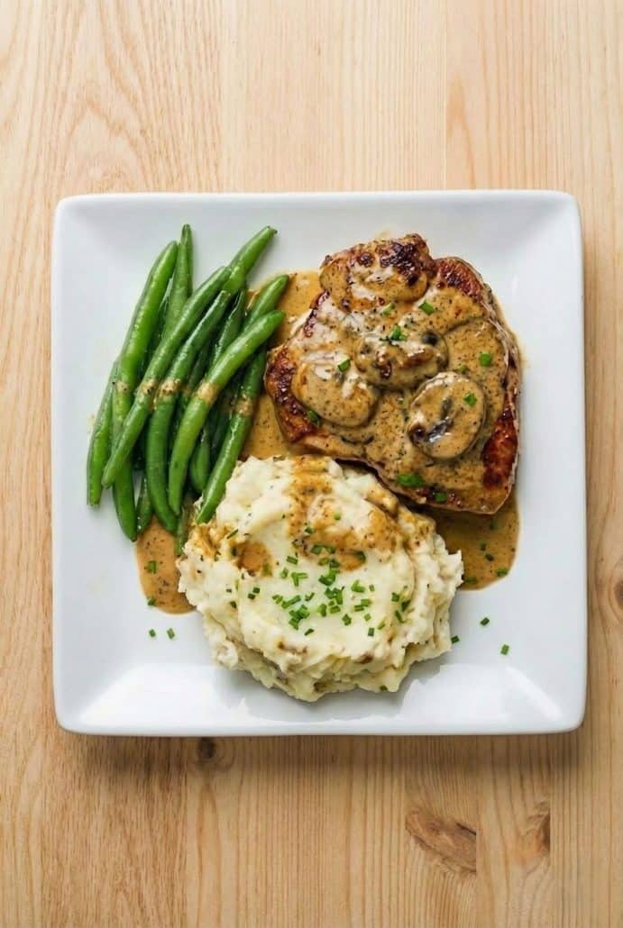 Mushroom pork chops served with mashed potatoes and green beans.
