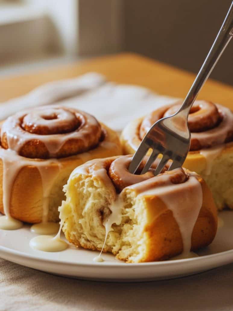Soft and fluffy overnight cinnamon roll with vanilla glaze being pulled apart with a fork.