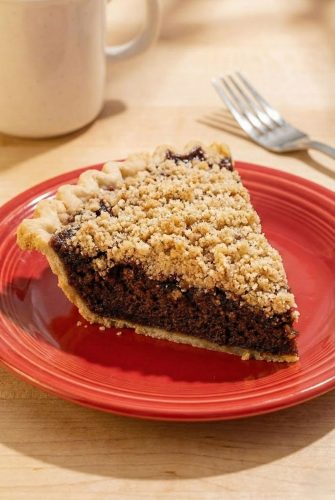 Homemade Amish Shoofly Pie - Old-Fashioned Recipe Slice of Shoofly Pie on a red plate with crumb topping, served as a classic dessert.