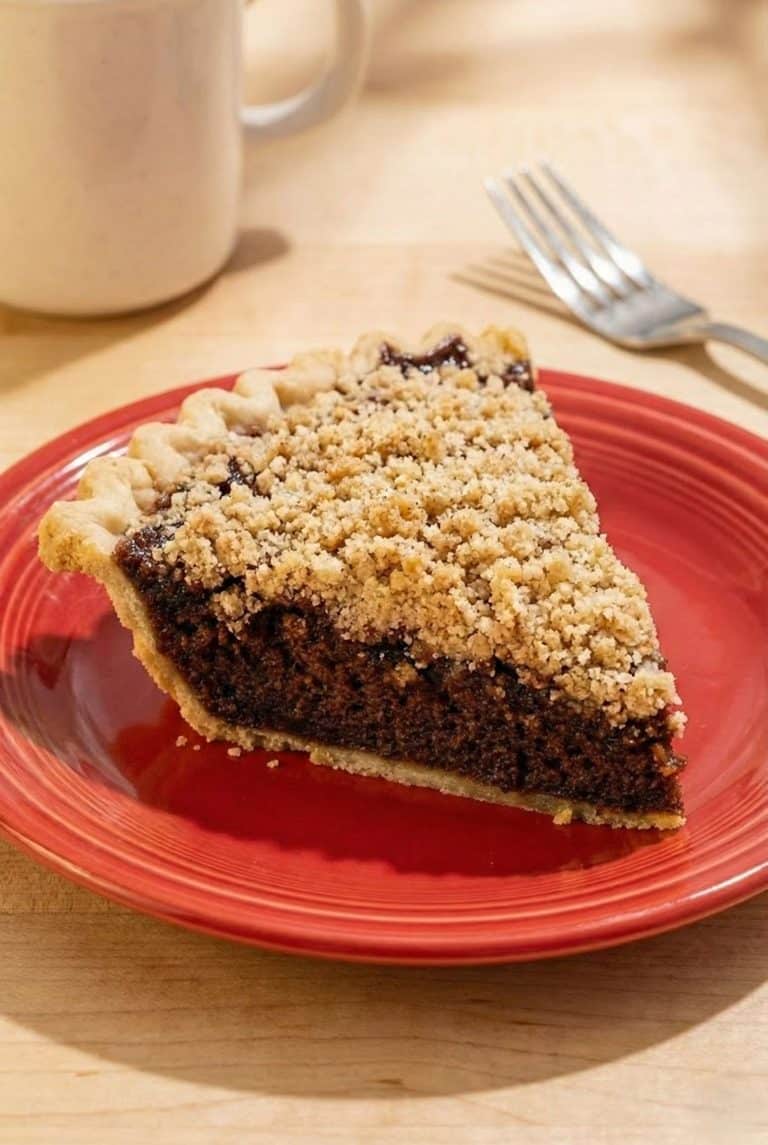 Slice of Shoofly Pie on a red plate with crumb topping, served as a classic dessert.
