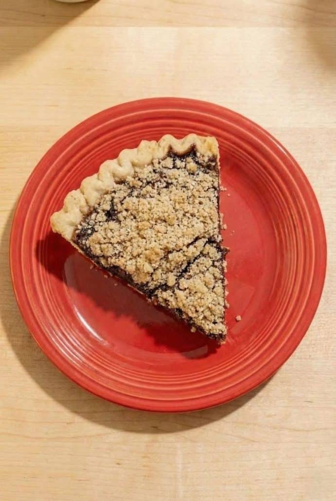 Single slice of Shoofly Pie with crumb topping on a red plate, highlighting the finished dessert.