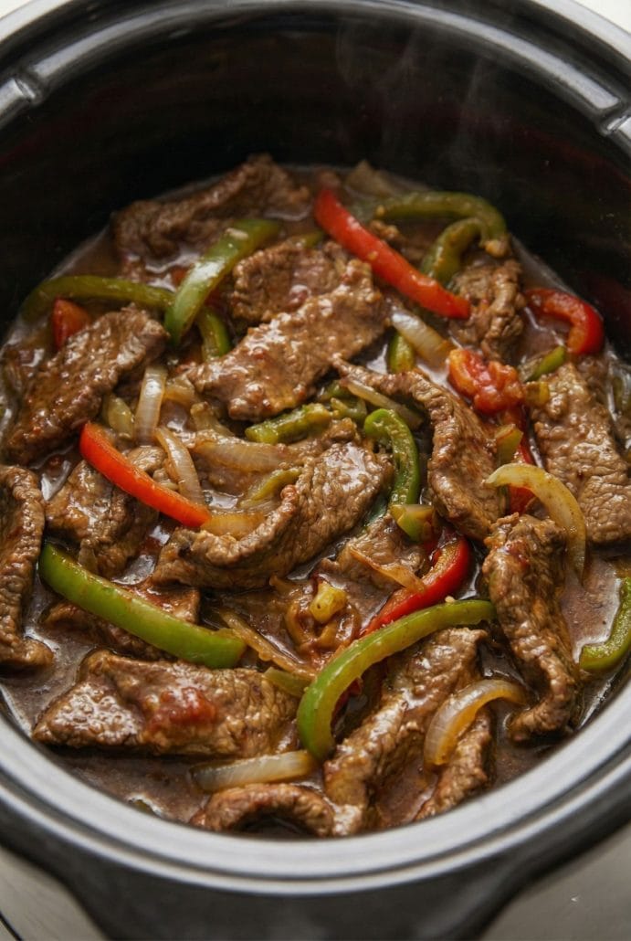 Close-up of Slow Cooker Pepper Steak with red and green bell peppers simmering in sauce.