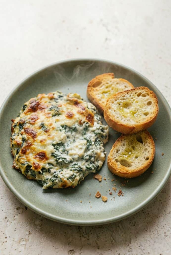 Serving of hot spinach artichoke dip on a plate with toasted baguette slices, ready to enjoy.