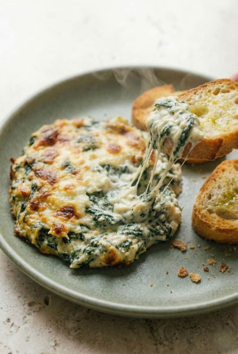 Hot spinach artichoke dip served on a plate with toasted bread, showing a cheesy pull perfectly, capturing the creamy, baked appetizer recipe.
