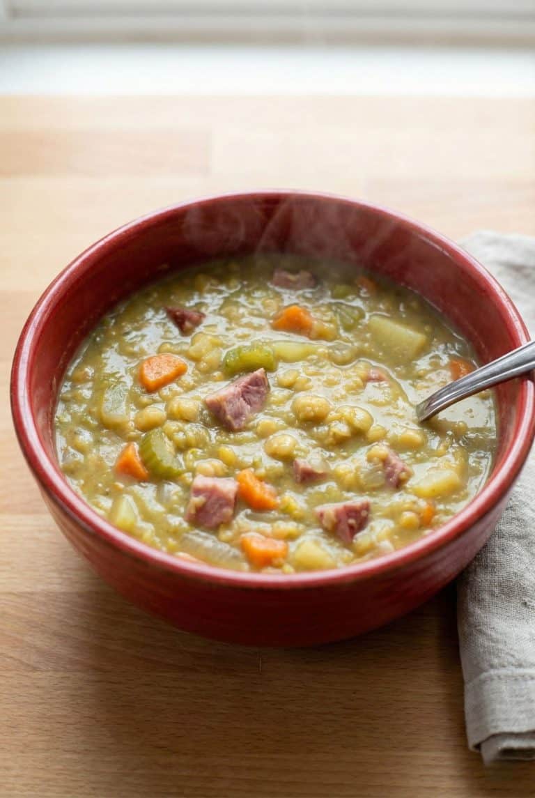 A steaming bowl of homemade split pea soup with ham, carrots, and celery, as featured in the comforting stovetop recipe.