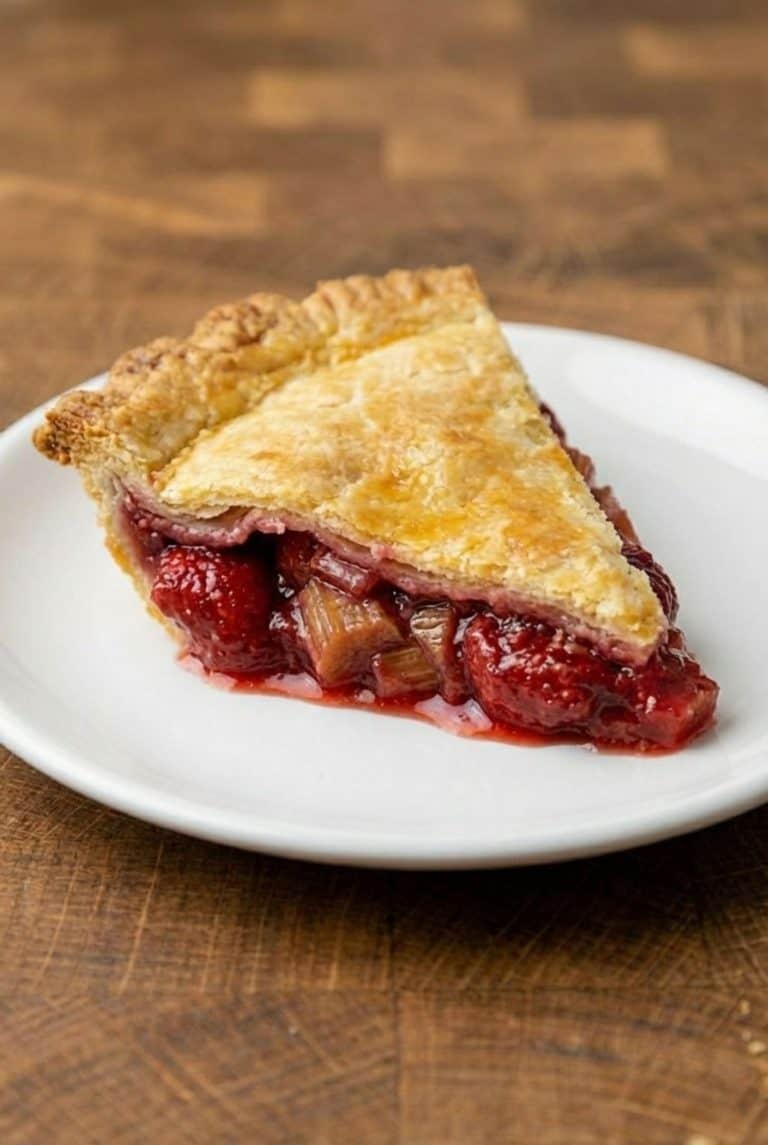 Slice of homemade strawberry rhubarb pie on a white plate, showing the golden crust and vibrant sweet-tart filling featured in the recipe.